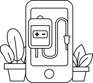 Üzerinde pil sembolü olan bir cep telefonu bir bitkinin yanında. Bitki bir tencereye konur ve bir masanın üzerine yerleştirilir.