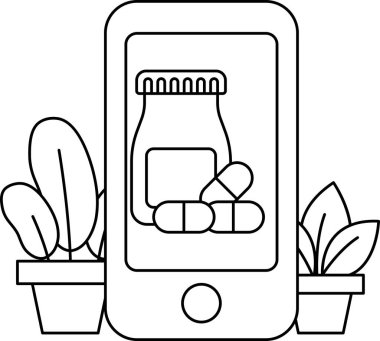 Üzerinde ilaç şişesi olan bir cep telefonu. İlaç şişesi haplarla dolu.