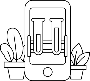 Üzerinde iki test tüpü olan bir cep telefonunun siyah beyaz çizimi. Çizimin bilimsel ve fütürist bir havası var.