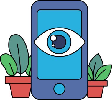 Üzerinde mavi göz olan mavi bir cep telefonu. Göz, kameraya bakıyor. Telefon yeşil bitkilerle çevrili.