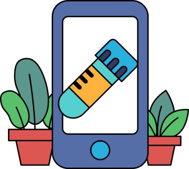 Üzerinde tıbbi cihaz olan bir telefon. Telefon mavi ve cihaz turuncu.