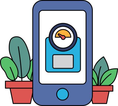 Yeşil arka planı ve yeşil yapraklı bir telefon. Telefon bir hız göstergesi ve yeşil bir ok gösteriyor.