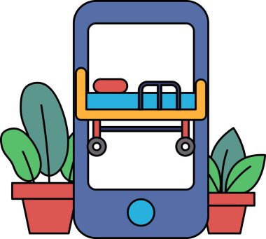 Ekranda yatağı ve tekerlekli hastane yatağı olan mavi bir cep telefonu. Yatak tekerlekli sandalyede ve hastane düzeninde.