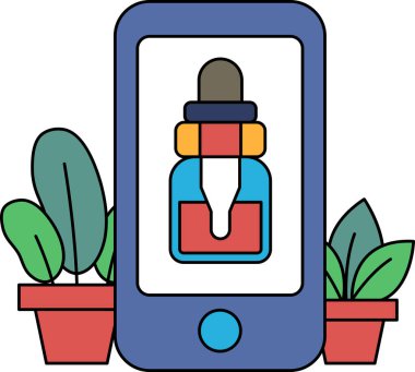 Üzerinde bir şişe CBD yağı olan bir cep telefonu. Şişe ön planda, telefon da arka planda.