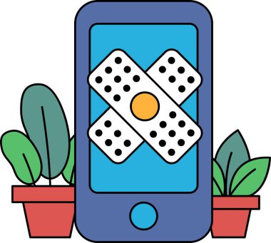 Üzerinde haç olan bir telefon saksı bitkisinin yanında duruyor. Telefon mavi ve bitki yeşil.