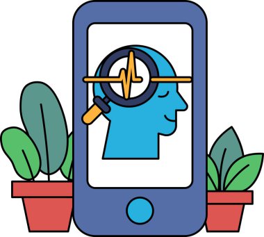 Üzerinde bir adamın yüzü olan mavi bir cep telefonu ve önünde de bir büyüteç. Adamın yüzü gülüyor ve büyüteç telefonu gösteriyor.