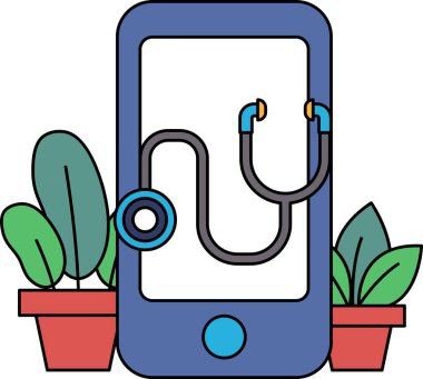 Üzerinde steteskop olan mavi bir cep telefonu saksı bitkileriyle çevrilidir. Steteskop tıbbi bakımın bir sembolü olduğu için sağlık ve sağlık kavramı