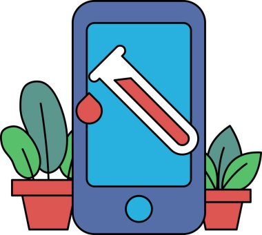 Üzerinde kırmızı sıvı olan bir telefon ve test tüpü. Telefon saksı bitkileriyle çevrili.