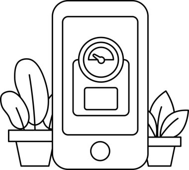 Üzerinde saat olan bir telefon bir bitkinin yanında duruyor. Telefon siyah beyaz.