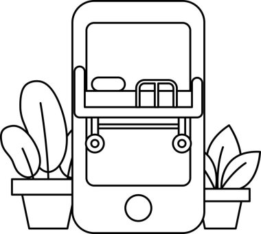 Arka planda bitki ve yatak olan bir telefonun siyah beyaz çizimi. Yatak ön planda, yanında küçük bir komodin ve komodinin olduğu yerde.