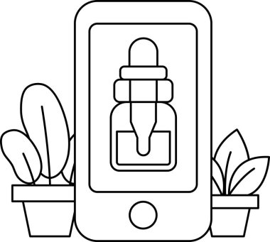 Üzerinde bir şişe CBD yağı olan bir cep telefonu. Şişe bir bitkinin yanındaki masada.