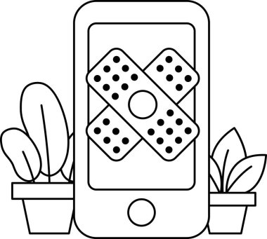 Üzerinde bandaj olan bir telefon bir bitkinin yanında duruyor. Telefon siyah beyaz ve bandaj beyaz.