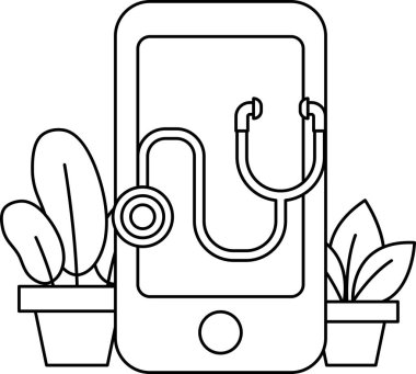 Üzerinde steteskop olan siyah beyaz bir cep telefonu çizimi. Çizimde bir saksı bitkisi ve yapraklı yeşil bir bitki de yer alıyor. Sahne sakin ve huzurlu, bitkilerle