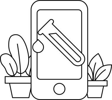 Telefon bir bitki ve test tüpünün yanında. Telefon siyah-beyaz. Bitki yeşil ve test tüpü sarı. Sahne bilimsel ve modern.