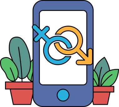 Mavi arkaplan ve üzerinde iki erkek sembolü olan bir telefon. Telefon saksı bitkileriyle çevrili.