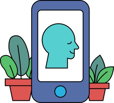 Ekranda gülümseyen bir yüzü olan mavi bir cep telefonu. Telefon saksı bitkileriyle çevrili.