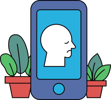 Beyaz yüzlü mavi bir cep telefonu saksı bitkisinin yanında duruyor. Telefon kapalı ve yüzü üzgün görünüyor.