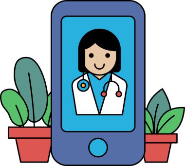 Telefondaki bir kadın doktor. Telefon mavi ve kadın gülümsüyor. Telefon, arka planda saksı bitkisi olan bir masaya yerleştiriliyor.