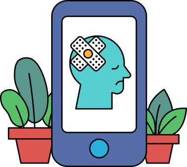 Üzerinde kafa ve bandaj olan mavi bir cep telefonu. Kafa aşağı bakıyor ve bandaj da alnında. Sahne hüzünlü ve ciddi.