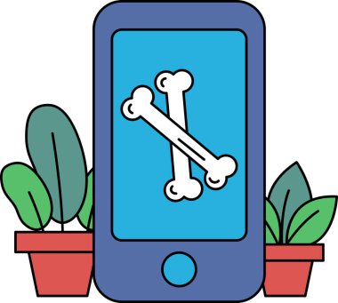 Üzerinde iskelet olan bir telefon bir bitkinin üzerinde duruyor. İskelet ekranda ve telefon mavi.