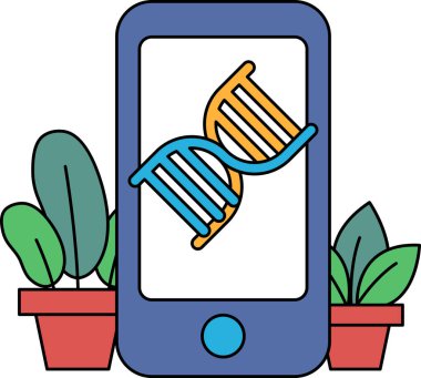 Üzerinde DNA ipliği olan bir cep telefonu. Telefon saksı bitkileriyle çevrili. Bilim ve teknoloji kavramının yanı sıra doğa ile bir bağlantı.