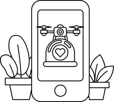 Üzerinde insansız hava aracı ve ekranında kalp olan bir cep telefonu. İnsansız hava aracı bir bitkinin üzerinde uçuyor.