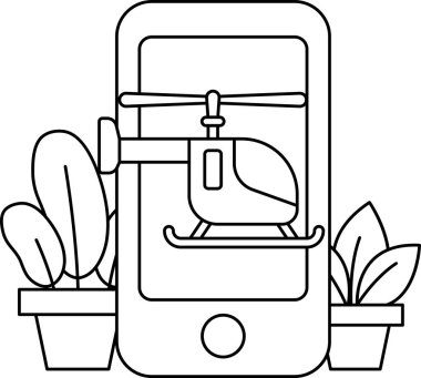 Üzerinde helikopter olan siyah beyaz bir cep telefonu çizimi. Çizimin neşeli ve tuhaf bir havası var. Helikopter ve bitkiler telefonun etrafını sarmış.