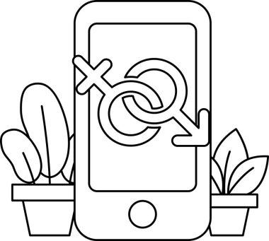 Üzerinde kadın ve erkek olan bir telefon. Telefon bir bitki ve saksı bitkisi olan bir masanın üzerinde.