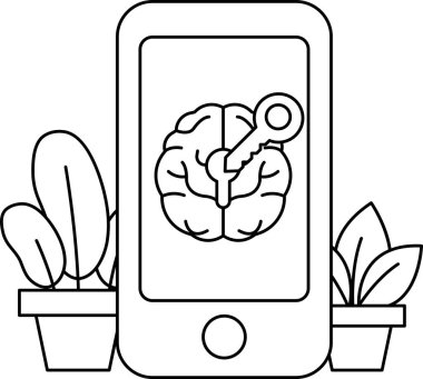 Üzerinde anahtar olan bir telefon bazı bitkilerin yanında bir masanın üzerinde. Telefon siyah beyaz.