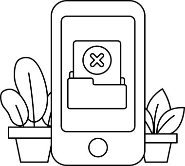 Üzerinde siyah ekran ve X olan bir telefon. Telefon saksı bitkisinin yanında duruyor.