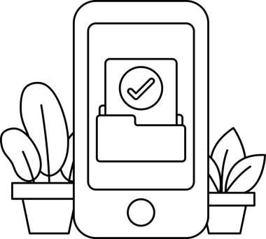 Üzerinde işaret olan bir telefon bir bitkinin yanında duruyor. Bitki bir tencereye konur ve bir masanın üzerine yerleştirilir.