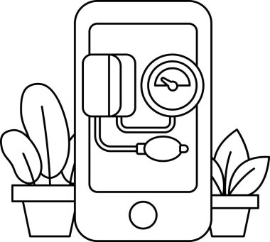 Üzerinde kan basıncı monitörü olan siyah beyaz bir cep telefonu çizimi. Telefon saksı bitkisinin yanına yerleştirilmiş.