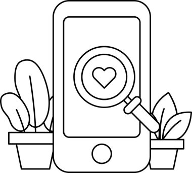 Üzerinde büyüteç olan bir telefon ve ortasında da bir kalp. Telefon bitkiler ve saksılarla çevrili.