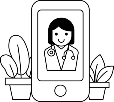 Telefondaki bir kadın doktor. Telefon siyah-beyaz. Kadın gülümsüyor.