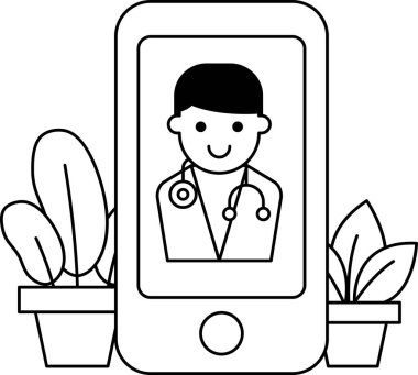 Telefonda bir adam var ve ekranda bir doktor var. Adam gülümsüyor ve doktor steteskop takıyor. Sahne arka planda saksı bitkileriyle dolu bir odada geçiyor.