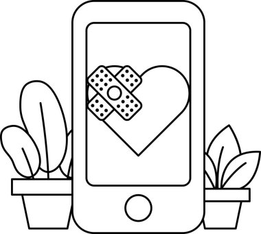 Üzerinde kalp olan ve sargılı bir telefon. Telefon saksı bitkisinin yanına yerleştirilmiş.
