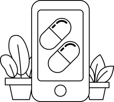 Cep telefonunda bir hap gösterilir. Hap beyaz ve mavi çizgili. Hap masanın üzerindeki bir telefonun üzerinde. Hap bitkilerle çevrili.