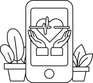 Üzerinde kalp olan ve iki elle tutulan bir telefon. Telefon bitkilerle çevrili.