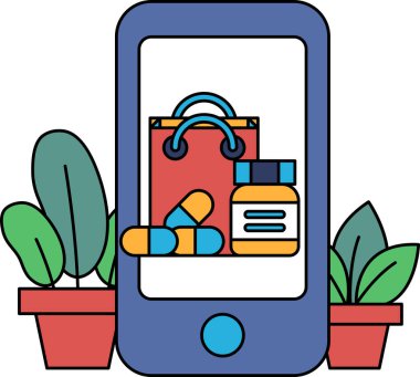 Üstünde alışveriş çantası ve ilaç olan bir cep telefonu. İlaç alışverişi kavramı ve birinin sağlığıyla ilgilenmesinin önemi