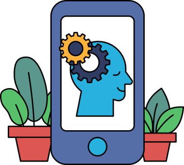 Üzerinde bir adamın yüzü ve vites olan mavi bir cep telefonu. Adamın yüzü gülüyor ve vites sarı. Olumlu ve yenilik kavramı