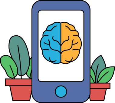 Ekranda beyni olan mavi bir cep telefonu. Beyin ikiye bölünmüş, biri turuncu, diğeri mavi.