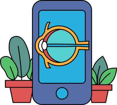 Üzerinde bir göz resmi olan bir telefon. Telefon saksı bitkisinin yanındaki masada.