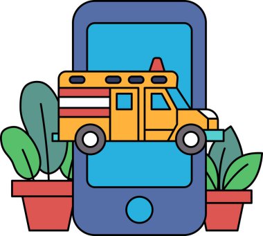 Telefon ekranında sarı bir ambulans var. Telefon mavi ve arka plan yeşil. Acil durum ve önem kavramı, çünkü ambulans acil servislerin sembolüdür.