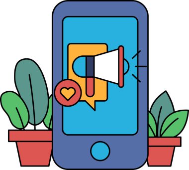 Üzerinde büyük bir hoparlör ve kalp sembolü olan bir cep telefonu. Telefon saksı bitkileriyle çevrili.