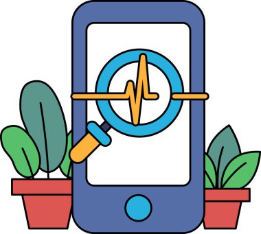 Üzerinde büyüteç olan bir telefon bitkilerle çevrilidir. Bitkiler saksıda ve bir masanın üzerinde. Merak ve keşif kavramı