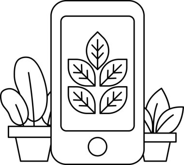 Bir telefon yapraklı bir bitkinin yanına yerleştirilir. Telefon siyah-beyaz. Bitki yeşil ve yaprakları var. Sahne basit ve huzurlu.