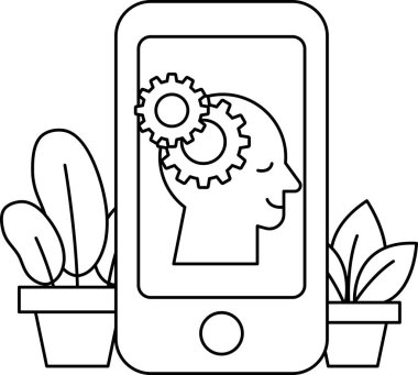 Üzerinde insan kafası ve vites olan bir telefon. Görüntü, üzerinde dişliler olan bir adamın kafasıdır. Düşünce fikrini temsil eder.