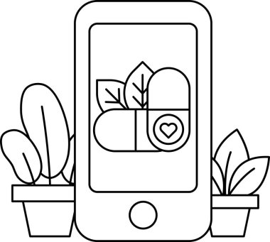 Üzerinde hap olan ve yanında yaprak olan bir cep telefonu. Hap insanları daha iyi hissettiren bir ilaçtır.