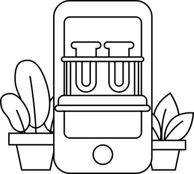 Yanında bitki olan bir cep telefonunun siyah beyaz çizimi. Telefon bir vazo ve saksı bitkisiyle birlikte bir masanın üzerinde. Çizim modern teknolojinin bir duygusunu aktarıyor.