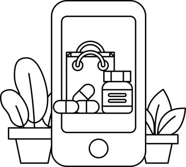Üstünde alışveriş çantası ve bir şişe hap olan bir cep telefonu. İlaç alışverişi kavramı ve birinin sağlığıyla ilgilenmesinin önemi